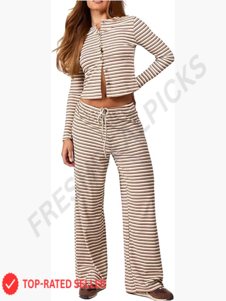 Striped 2 Piece Lounge Set Button Down Long Sleeve Knit Top Wide Leg Pants